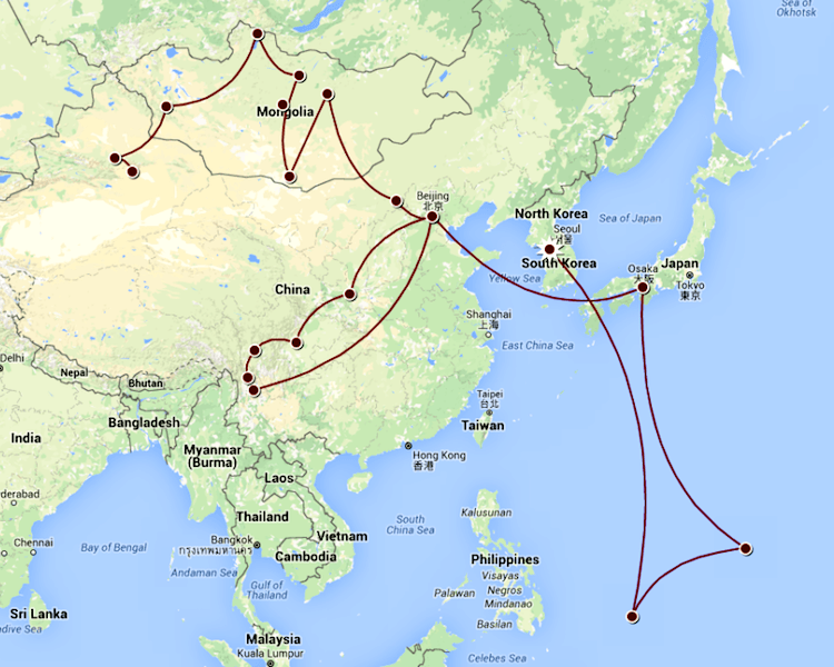 Essa é o itinerário que tentaremos fazer. A passagem pelo Japão e Pequim no inicio são só conexões.