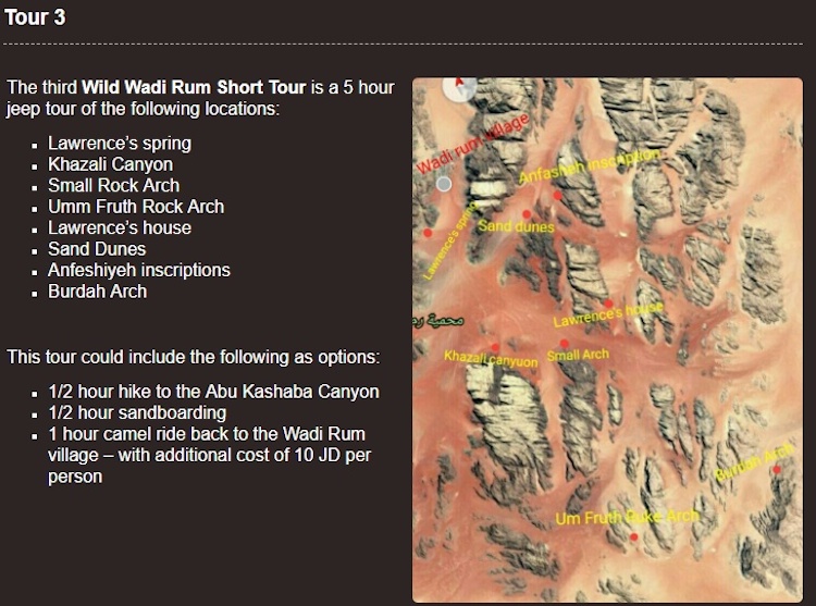 Mapa das atrações de Wadi Rum 