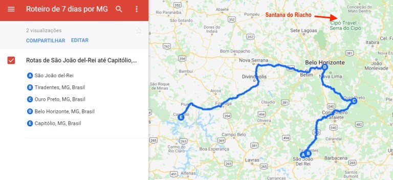 Mapa de roteiro de viagem por Minas Gerais